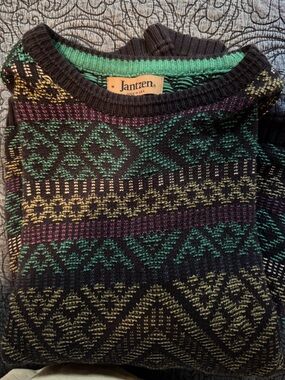 Jantzen Black Sweater with Green, Purple and Gold Fair Isle Motifs